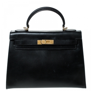 Pre Owned Hermes Black Epsom Leather Gold Hardware Kelly Sellier 32 Bag