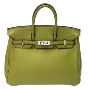 Hermes Apple Green Swift Leather Palladium Plated Birkin 25 Bag