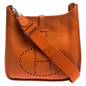Pre Owned Hermes Orange Clemence Leather Evelyne III GM Bag