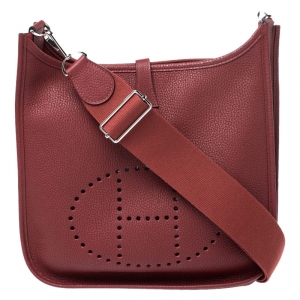 Pre Owned Hermes Rouge Garance Clemence Leather Evelyne III PM Bag