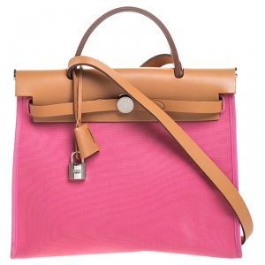 Hermes Rose Lipstick/Natural Canvas and Leather Herbag Zip 31 Bag
