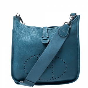 Hermes Blue Izmir Clemence Leather Evelyne III PM Bag