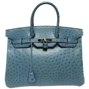 Hermes Blue Ostrich Leather Palladium Hardware Birkin 35 Bag