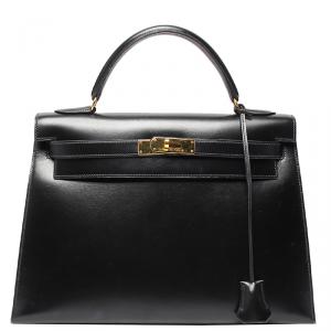 Hermes Black Box Calf Leather Gold Hardware Kelly 32 Bag