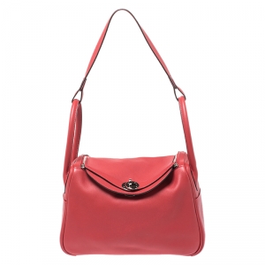 Pre Owned Hermes Vermillion Red Swift Leather Palladium Hardware Lindy 26 Bag