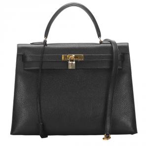 Pre Owned Hermes Black Clemence Leather Gold Hardware Kelly Sellier 35 Bag