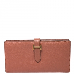 Pre Owned Hermes Rosy Chevre Mysore Leather Bearn Gusset Wallet
