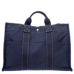 Hermes Dark Blue Canvas Deauville MM Bag