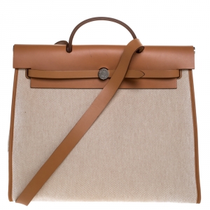 Hermes Natural/Beige Canvas and Leather Herbag Zip 39 Bag