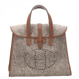 Pre Owned Hermes Gray/Brown Wool Feu2Dou Tote Bag
