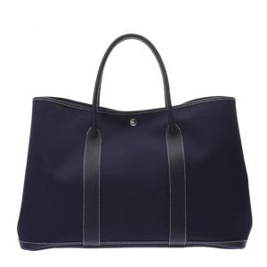 Hermes Navy Blue Toile Leather Garden Party GM Bag