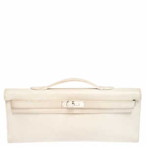 Pre Owned Hermes White Swift Leather Palladium Hardware Kelly Cut Clutch