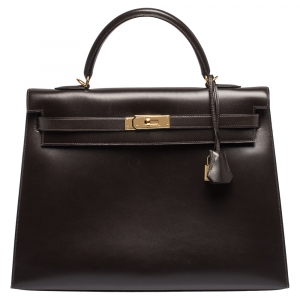 Pre Owned Hermes Cacao Box Calf Leather Gold Hardware Kelly Sellier 35 Bag
