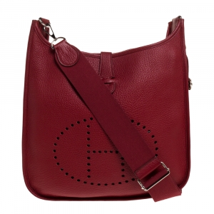 Pre Owned Hermes Rouge Casaque Clemence Leather Evelyne III GM Bag