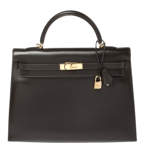 مملوكة مسبقًا Hermes Cacao Box Calf Leather Gold Hardware Kelly Sellier 35 Bag