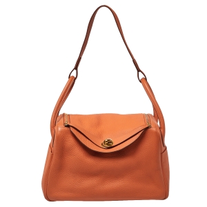 Pre Owned Hermes Orange Taurillon Clemence Leather Lindy 30 Bag