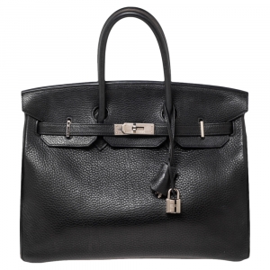 Hermes Noir Taurillon Clemence Leather Palladium Plated Birkin 35 Bag