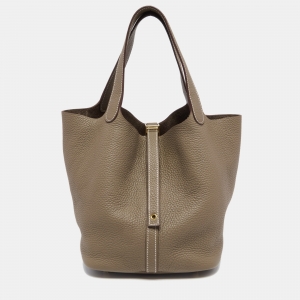 Pre Owned Hermes Taupe Clemence Leather Gold Finish Picotin Lock 22 Bag