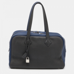 Pre Owned Hermes Blue Saphir/Gris Taurillon Clemence Leather Palladium Plated Victoria II Bag