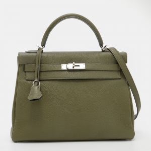 Pre Owned Hermes Vert Veronese Togo Leather Palladium Finish Retourne Kelly 32 Bag