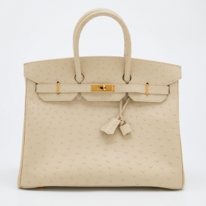 Hermes Parchemin Ostrich Leather Gold Finish Birkin 35 Bag