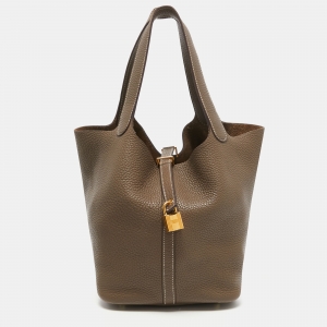Hermes Etoupe Grey Taurillon Clemence Leather Picotin Lock 22 Bag
