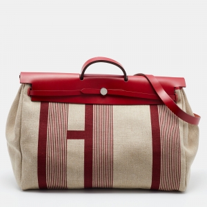 Hermes Ficelle/Rouge Piment H Vibration Toile Canvas and Leather Herbag Zip 50 Bag