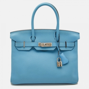Pre Owned Hermes Celeste Taurillon Clemence Leather Palladium Finish Birkin 30 Bag