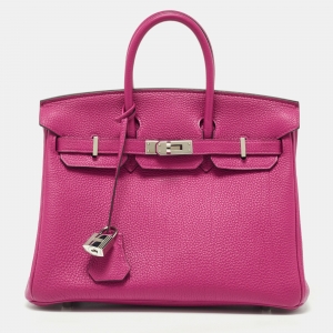 Hermes Rose Pourpre Togo Leather Palladium Finish Birkin 25 Bag 