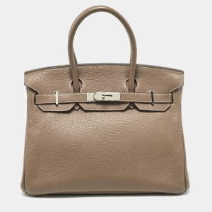 Pre Owned Hermes Etoupe Taurillon Clemence Leather Palladium Finish Birkin 30 Bag