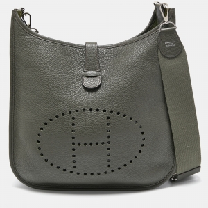 Pre Owned Hermes Vert De Gris Taurillon Clemence Leather Evelyne III GM Bag