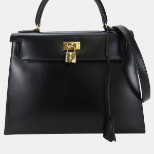 Pre Owned Hermes Boxcalf Shoulder Outside Sewing Black Kelly 28 Handbag 