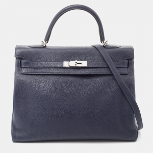 Hermes Bleu Saphir Taurillon Clemence Leather Palladium Finish Kelly Retourne 35 Bag