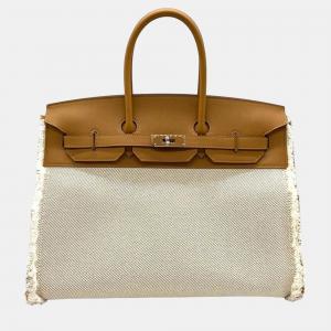 Pre Owned Hermes Brown Toile and Swift Leather Fray Birkin 35 Bag
