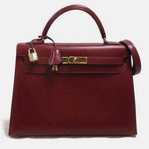 Hermes Red Leather Box Kelly 32 Bag