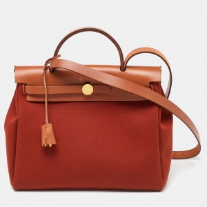 Pre Owned Hermes Rouge H/Fauve Canvas and Leather Herbag Zip 31 Bag