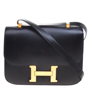 Pre Owned Hermes Black Box Calf Leather Gold Hardware Constance 29 Bag
