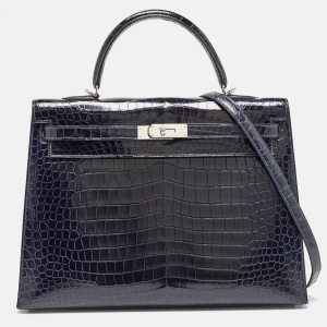 مملوكة مسبقًا Hermes Bleu Roi Crocodile Palladium Finish Kelly Sellier 35 Bag