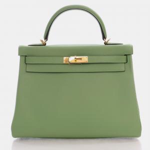 Hermes Vert Criquet Togo Kelly 32 Handbag