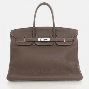 Hermes Etoupe Clemence Leather Birkin 35 Tote Bag