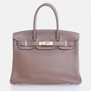 Hermes Etoupe Clemence Leather Birkin 30 Tote Bag