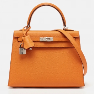 Pre Owned Hermes Orange Epsom Leather Palladium Finish Kelly Sellier 25 Bag