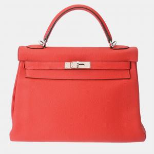 Hermes Red Taurillon Clemence 32 Kelly Retourne Handbag