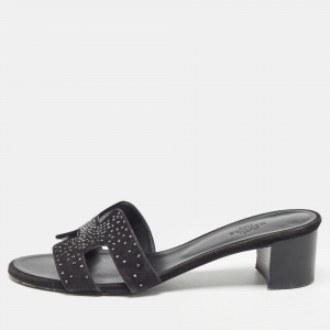 مملوكة مسبقًا Hermes Black Suede Embellished Oasis Slide Sandals Size 38.5