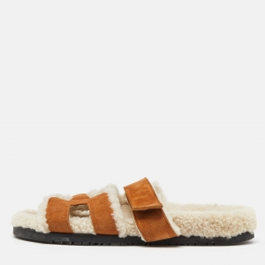 Hermes Brown Suede Shearling Fur Chypre Sandals Size 40