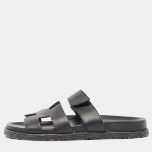 Hermes Black Leather Chypre Sandals Size 37