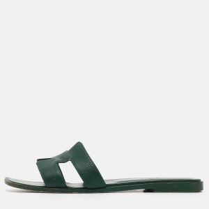 Hermes Green Leather Oran Flat Slides Size 38.5