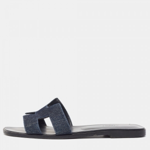 Hermes Navy Blue Denim Oran Flat Slides Size 39.5