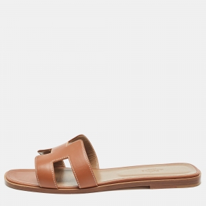Hermes Brown Leather Oran Flat Slides Size 42
