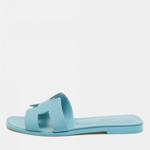 Hermes Blue Leather Oran Flat Slides Size 36.5  